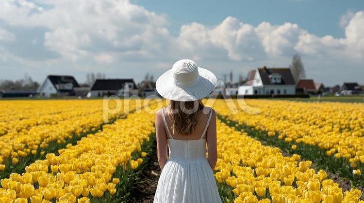 美しい花畑に佇む女性の穏やかな風景 女性,帽子,花の写真素材
