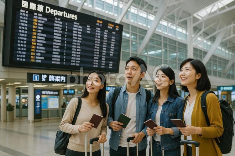 国際線ロビーでフライトを確認する旅行者達 空港,国際線,ロビーの写真素材