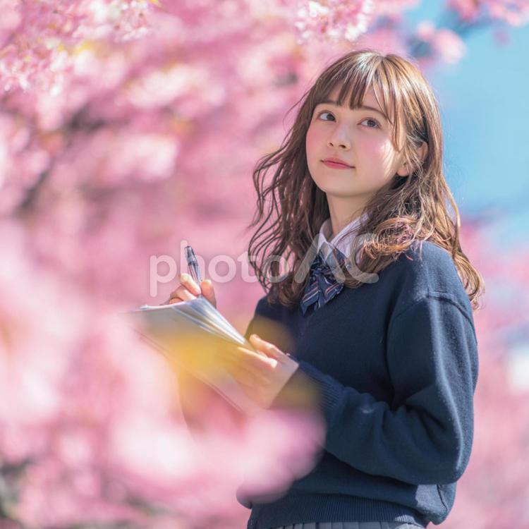 桜といっしょに写る学校の制服の女の子 女性,春,サクラの写真素材