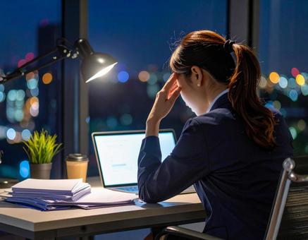 残業が終わらず頭を抱える女性 残業が終わらず頭を抱える女性の写真