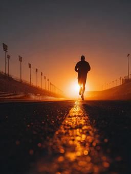 日の出/日没に輝く道を進むランナー 日の出/日没に輝く道を進むランナーの写真