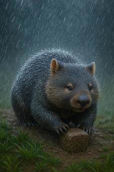 雨に濡れたウォンバット 雨に濡れたウォンバットの写真