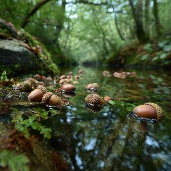 森の小川に浮かぶ新鮮などんぐり 森の小川に浮かぶ新鮮などんぐりの写真