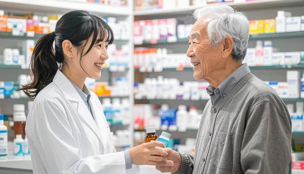 笑顔で接客する働く薬剤師 笑顔で接客する働く薬剤師の写真