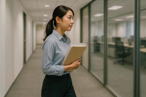 書類を持って移動する社員 書類を持って移動する社員の写真