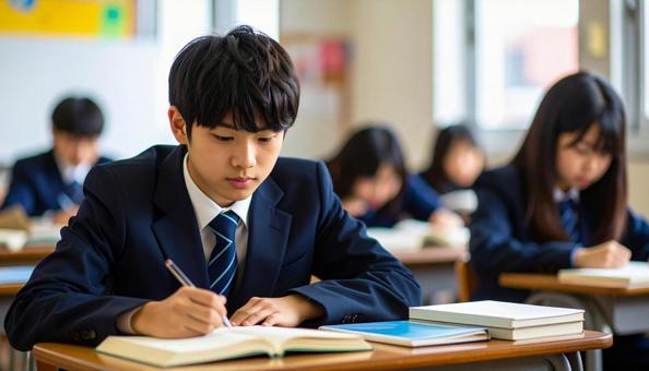 男子中学生とクラスメイト達の勉強風景 男子中学生とクラスメイト達の勉強風景の写真