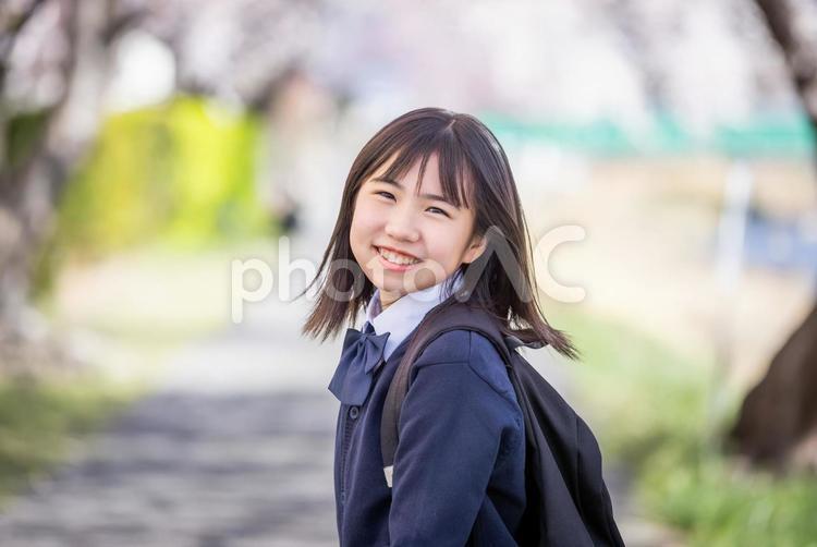 桜の下で微笑む学生 女子学生,学生,制服の写真素材