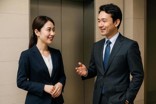 エレベーター前会話男女社員 エレベーター前会話男女社員の写真