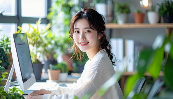 観葉植物のあるオフィスで働く女性 観葉植物のあるオフィスで働く女性の写真