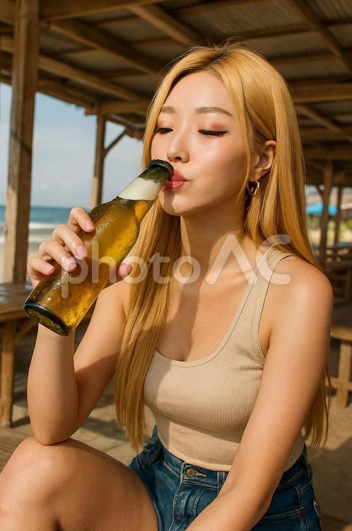 海の家で飲むビールは最高 女性,海の家,ビールの写真素材