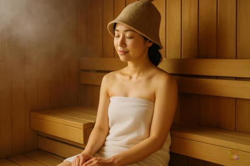サウナハットをかぶる女性 サウナハットをかぶる女性の写真