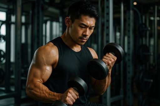 ダンベルで筋トレする男性 ダンベルで筋トレする男性の写真