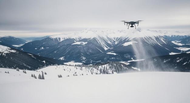 ドローンが雪が舞う冬山を空撮する写真 ドローンが雪が舞う冬山を空撮する写真の写真