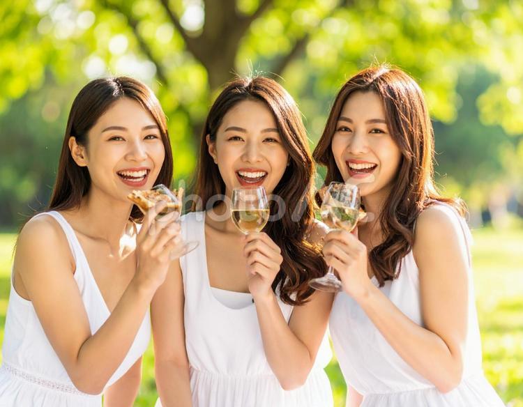 ワインと笑顔、大人女子のピクニックタイム 女子会,ピクニック,ワインの写真素材
