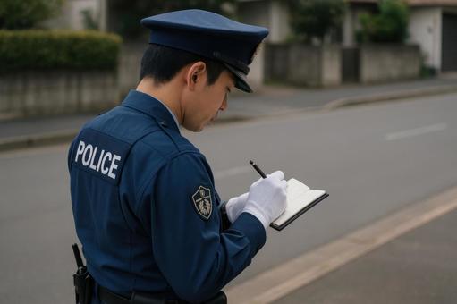手帳に記録を取る警察官 手帳に記録を取る警察官の写真