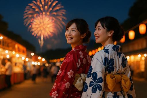 浴衣女性花火見上げ笑顔 浴衣女性花火見上げ笑顔の写真