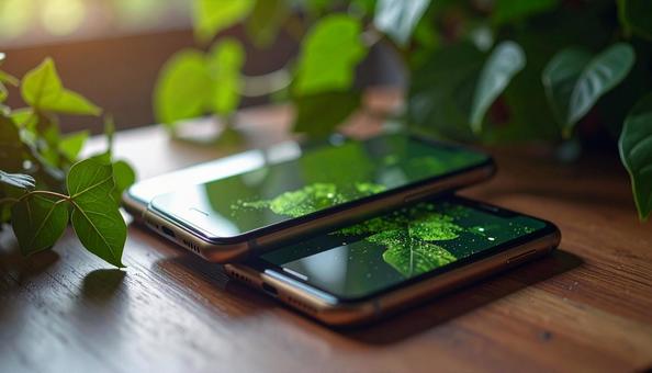 連絡交換のイメージ 机の上の携帯電話二台 連絡交換のイメージ 机の上の携帯電話二台の写真