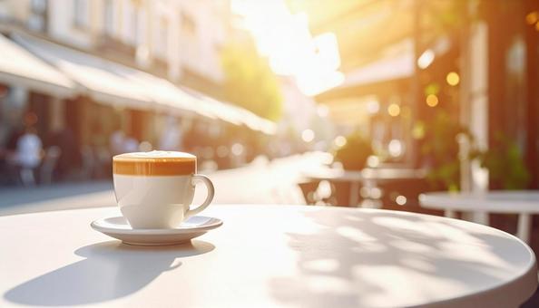 カフェテラスのテーブルのカフェラテ カフェテラスのテーブルのカフェラテの写真