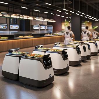 フードコートで活躍する配膳ロボット フードコートで活躍する配膳ロボットの写真