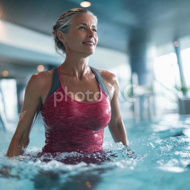 プールで運動するシニア女性の笑顔 シニア,女性,高齢の写真素材