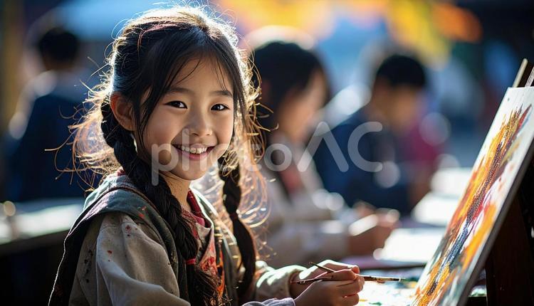 ペインティング中の日本人の子どもの笑顔 お絵描き,絵具,少女の写真素材