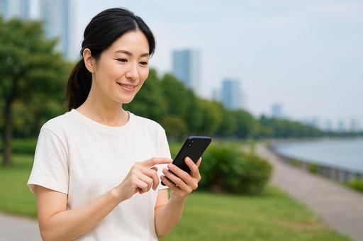 川の近くでスマホを触る女性 川の近くでスマホを触る女性の写真