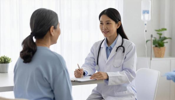 患者女性に説明する日本人医師 患者女性に説明する日本人医師 の写真