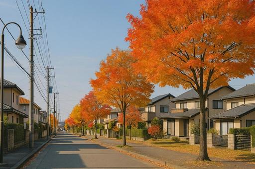 紅葉に彩られた住宅街の並木道・秋の街並み 紅葉に彩られた住宅街の並木道・秋の街並みの写真