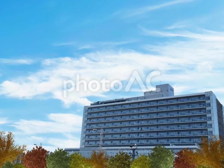 秋の青空とビル　商業施設 ビル,商業施設,マンションの写真素材
