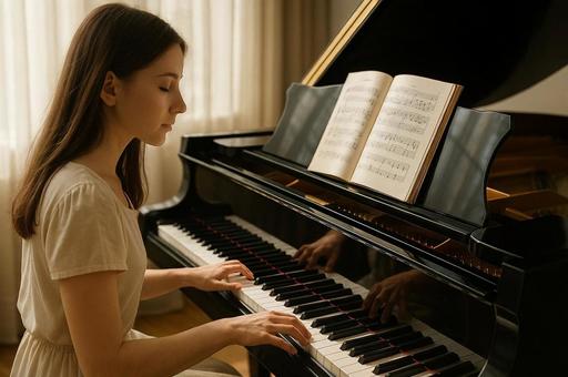 ピアノに夢中な女性の写真