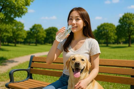 愛犬との散歩中にほっとひと息 愛犬との散歩中にほっとひと息の写真