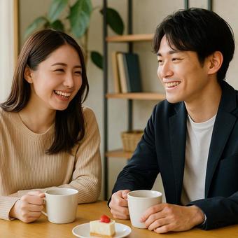 デート中に笑い合う男女の写真