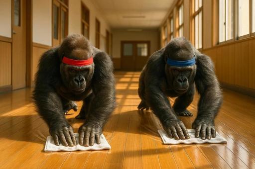 学校の廊下を雑巾掛けするゴリラの写真