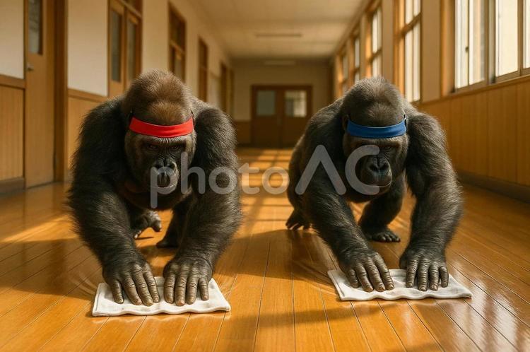 学校の廊下を雑巾掛けするゴリラ ゴリラ,動物,けものの写真素材