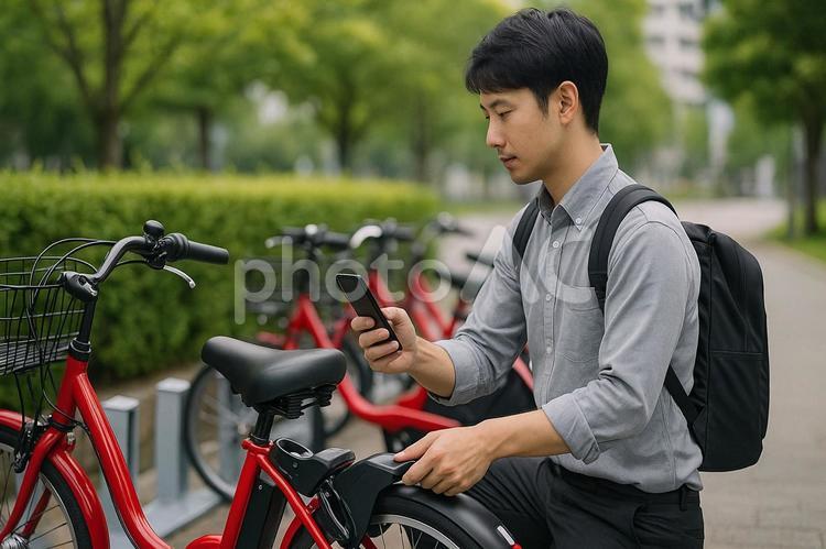 シェアサイクルをアプリで開錠 シェアサイクル,自転車,男性の写真素材