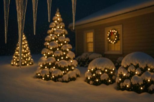 雪に包まれたクリスマスの庭とつらら 雪に包まれたクリスマスの庭とつららの写真