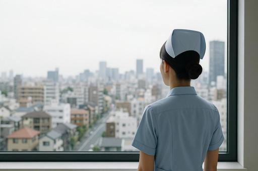 街を遠くから眺める看護師 街を遠くから眺める看護師の写真