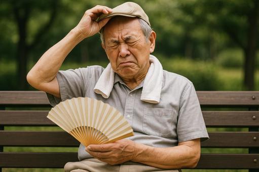 Elderly people sitting on a bench looking hot, senior citizens, bench, intense heat, JPG