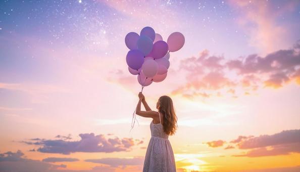 夕焼け空と風船を持つ少女 夕焼け空と風船を持つ少女の写真