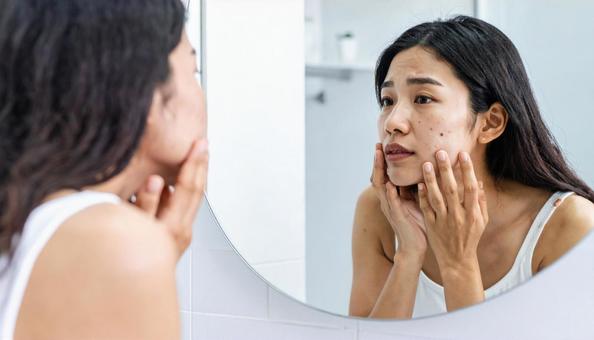 洗面所の鏡を見て頬の吹き出物に悩む女性 洗面所の鏡を見て頬の吹き出物に悩む女性の写真