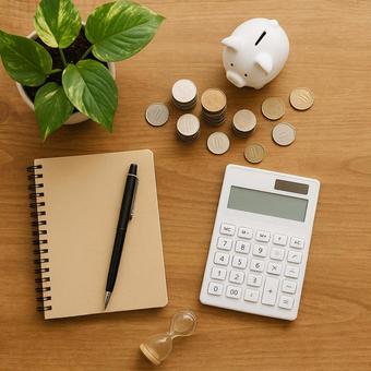 観葉植物と硬貨の机上 観葉植物と硬貨の机上の写真
