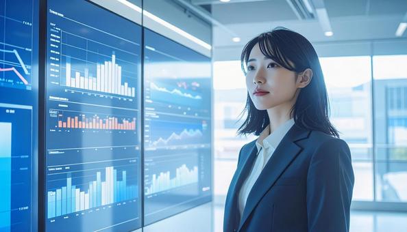 ディルプレイのチャートの前に立つ女性社員 ディルプレイのチャートの前に立つ女性社員の写真