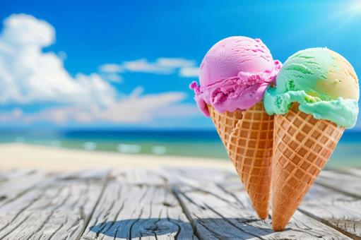 夏の海とカラフルなアイスクリーム 夏の海とカラフルなアイスクリームの写真