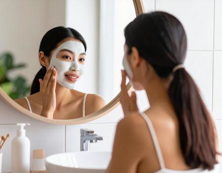 フェイシャルパックをする若い女性 フェイシャルパックをする若い女性の写真