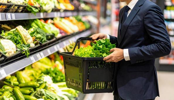 スーパーで野菜を買う日本人ビジネスマン スーパーで野菜を買う日本人ビジネスマンの写真