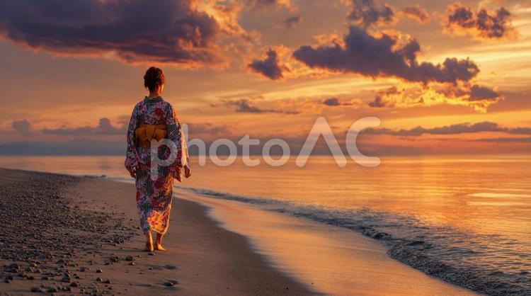 夕焼けと海 夕焼け,少女,海の写真素材