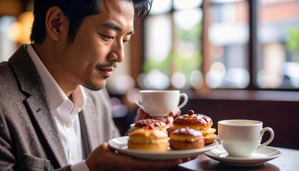 紅茶とお菓子でティータイムを楽しむ男性 紅茶とお菓子でティータイムを楽しむ男性の写真
