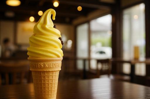 店内で楽しむ黄色のソフトクリーム 店内で楽しむ黄色のソフトクリームの写真