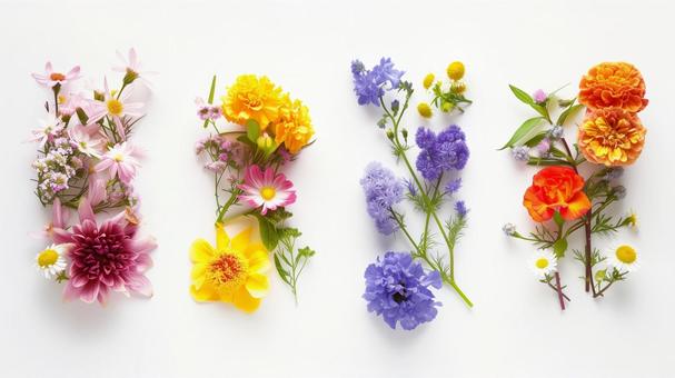 色とりどりの花のフラットレイの写真