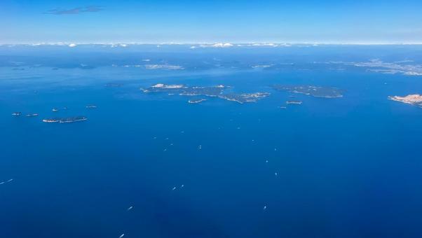 【空撮】上空から見た姫路市家島付近 空撮,青空,海の写真素材